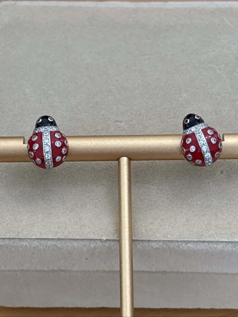 Sterling Silver 925 Red & Black ENAMEL LADYBUG Stud Earrings Cubic Zirconia CZ
